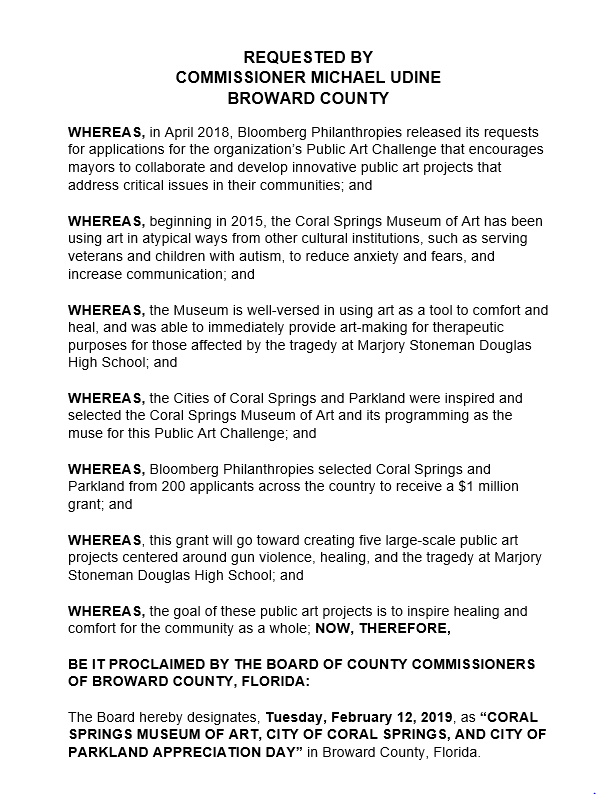 Coral Springs Museum of Art, City of Coral Springs, City of Parkland Appreciation Day Proclamation