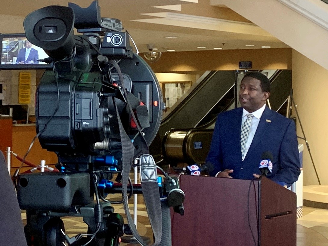 Broward Mayor Dale V.C. Holness announces Shelter-in-Place: Safer at Home Order at news conference today. 
