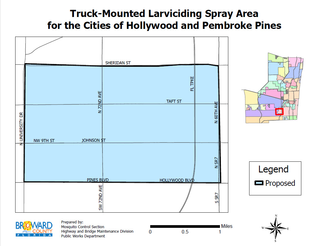 Map identifying areas of Hollywood and Pembroke Pines that will be sprayed for mosquitos.