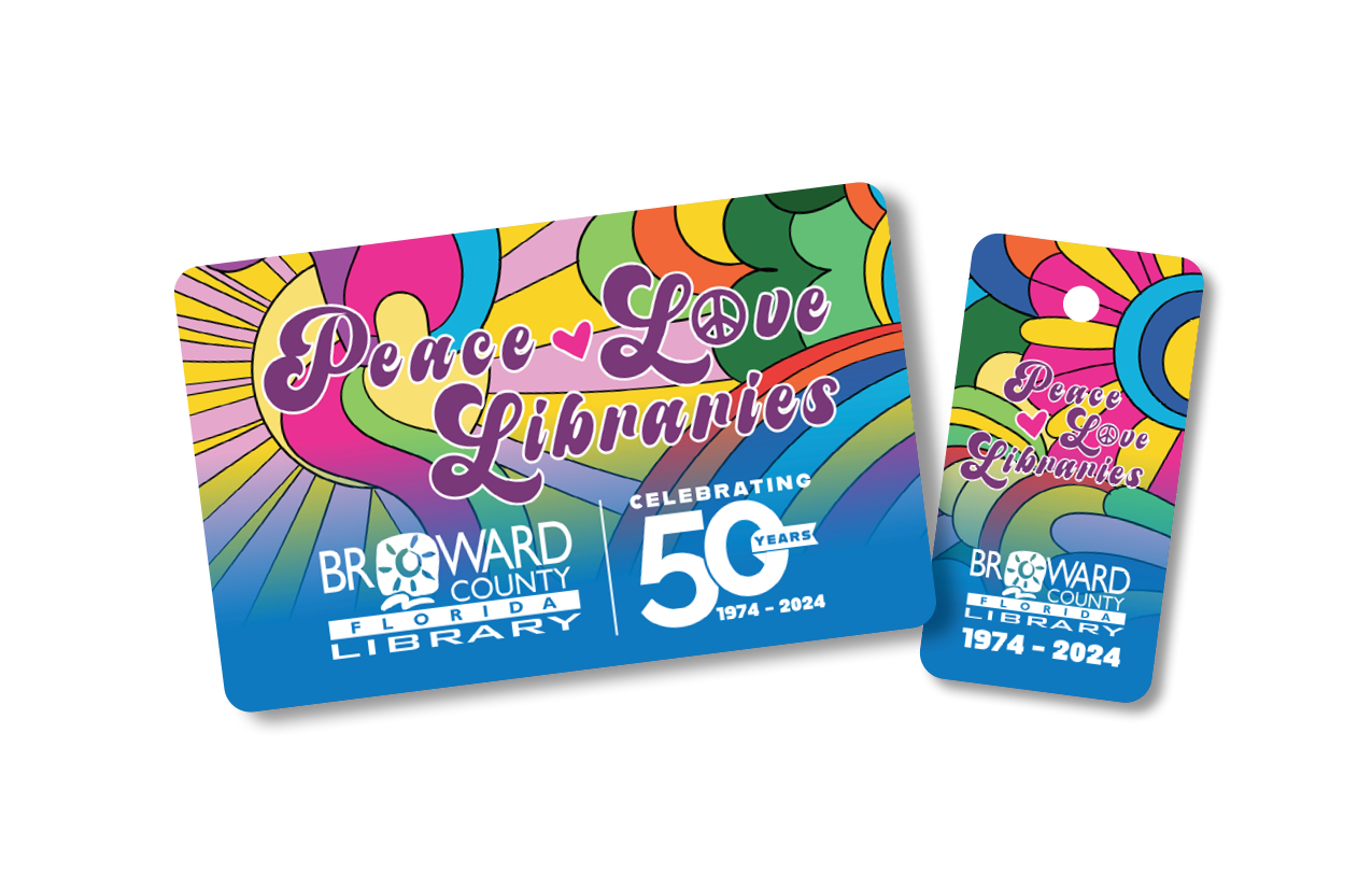 Broward County Library's limited-edition 50th anniversary library card features a 1970s-inspired design and will be available at all library locations. 
