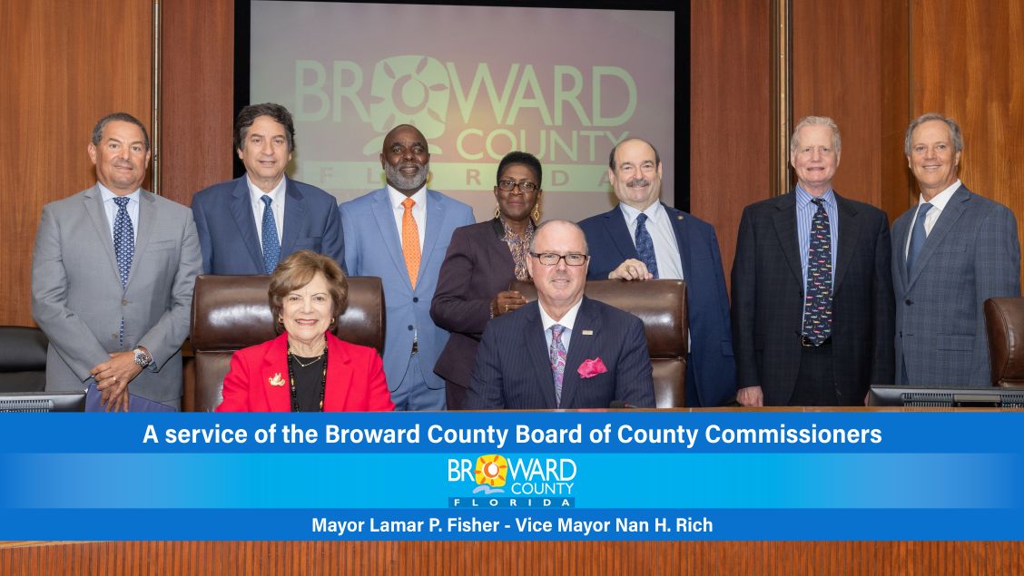 Broward County Board of County Commissioners (Sitting left to right) Vice Mayor Nan Rich, Mayor Lamar P. Fisher  (Standing left to right) Commissioners Michael Udine, Mark Bogen, Robert McKinzie, Hazelle Rogers, Steve Geller, Tim Ryan, Beam Furr