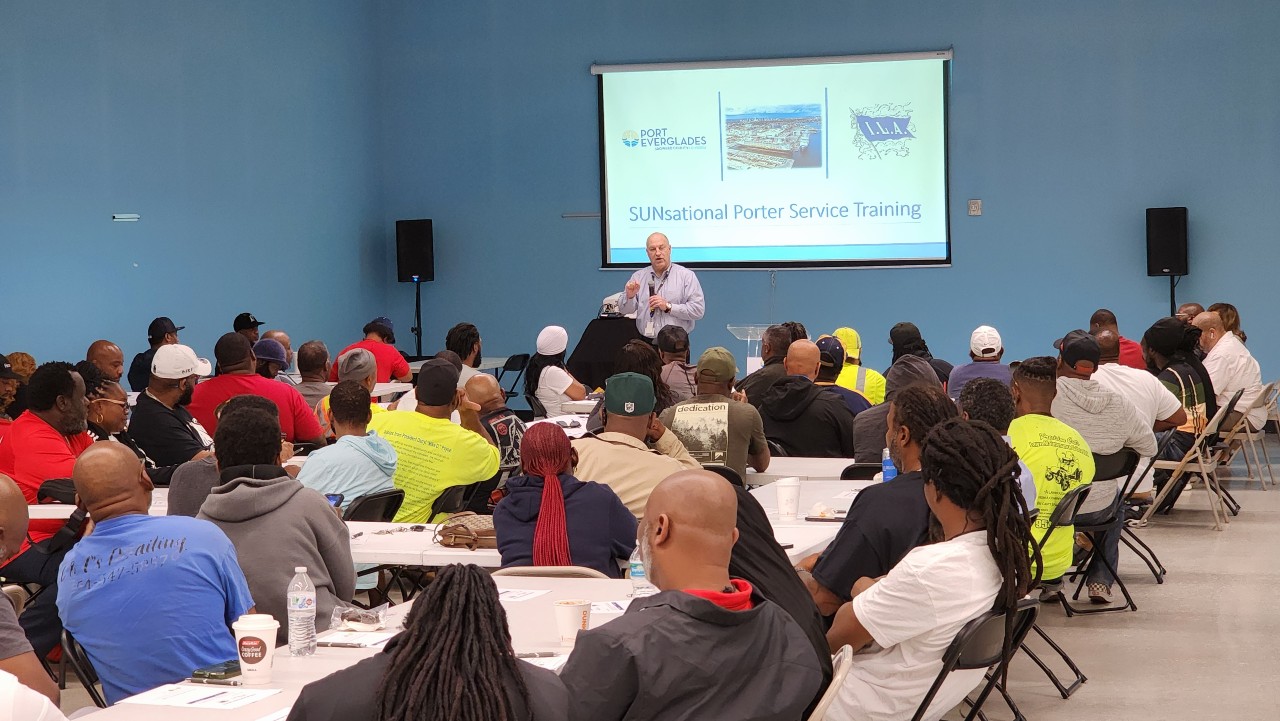 Port Everglades CEO and Port Director Jonathan Daniels welcomes members of the International Longshoremen's Association (ILA) Local 1526 during a hospitality training workshop on Jan. 9, 2024.
