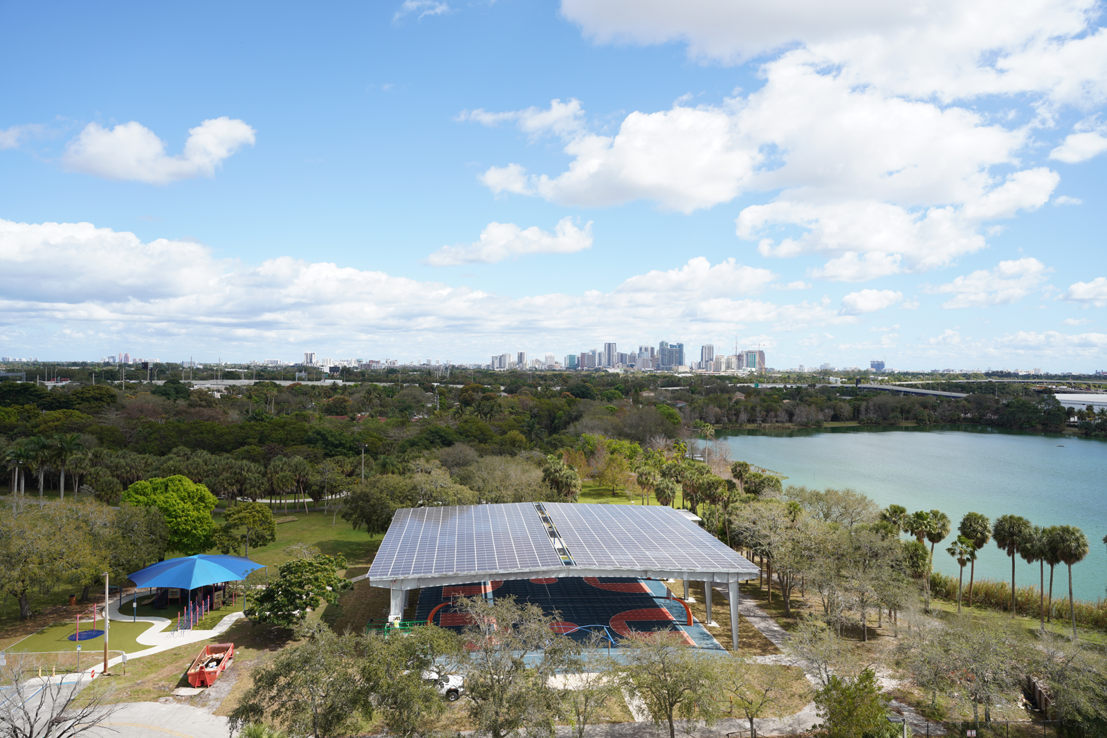 Aerial photo of solar canopy at Reverend Samuel Delevoe Memorial Park
