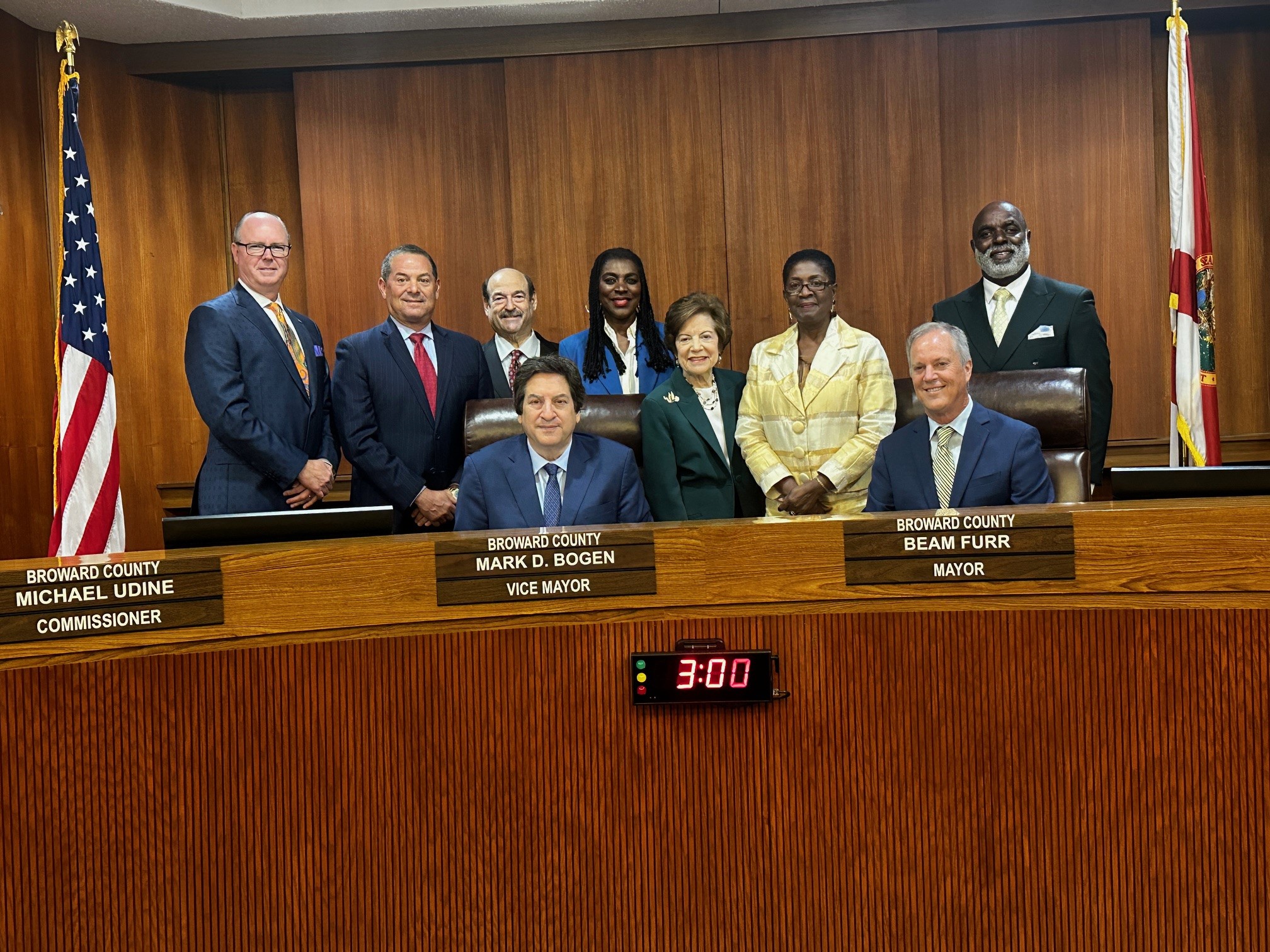 2025 Broward County Commission  (Left to Right Standing) Commissioners Lamar P. Fisher, Michael Udine, Steve Geller, Alexandra P. Davis, Nan Rich, Hazelle Rogers, Robert McKinzie.  (Sitting left to right) Vice Mayor Mark Bogen and Mayor Beam Furr.  